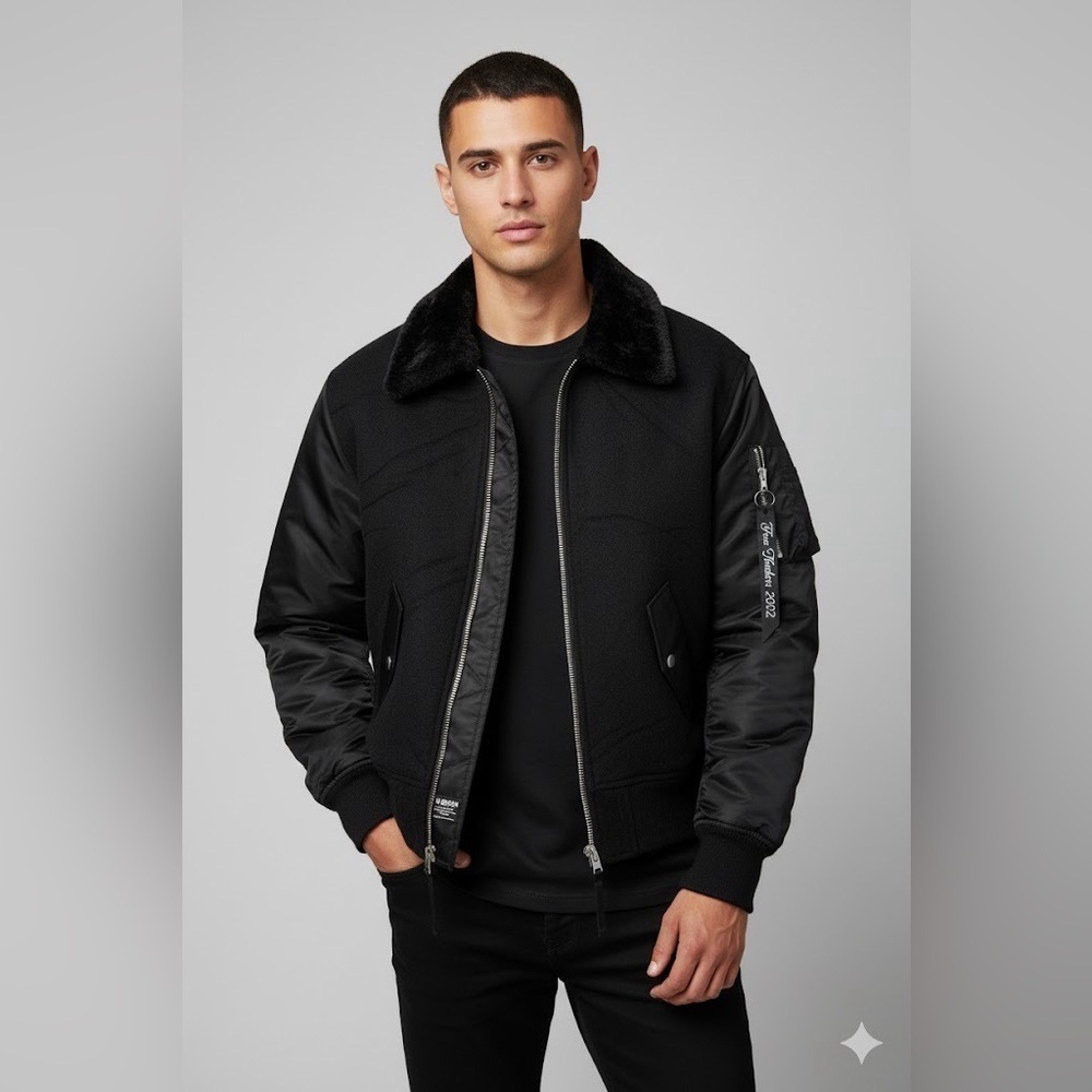NWT, HUDSON Faux Fur Collar Wool Blend Bomber Jacket. Black. Size Small